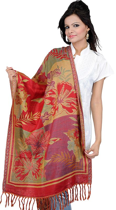 Scarlet and Beige Jamawar Stole with Woven Flowers