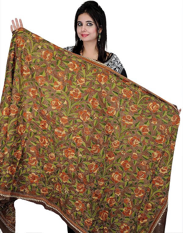 Military-Olive Dupatta-Wrap with Kantha Stitched Embroidered Roses