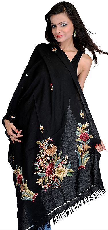 Black Stole from Kashmir with Hand Embroidered Flowers