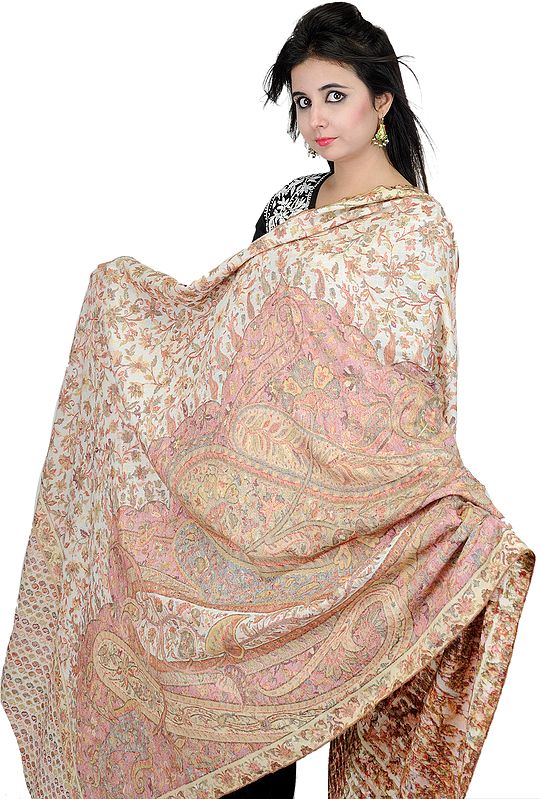 Ivory Kani Shawl with Giant Woven Paisleys in Multi-Color Thread