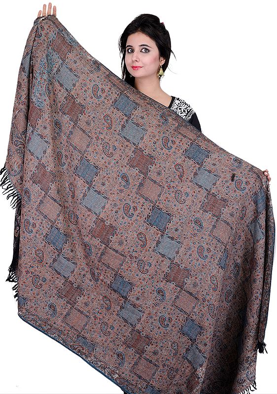 Black and Turquoise Reversible Jamawar Shawl with Woven Paisleys and Flowers