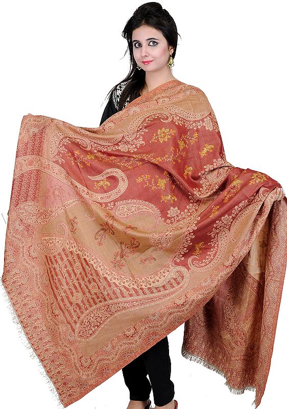 Tawny-Brown Jamawar Shawl with Woven Paisleys and Needle Embroidery