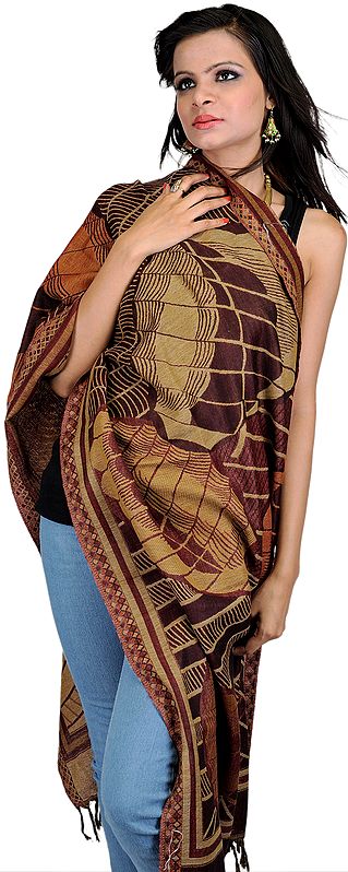 Beige and Brown Jamawar Reversible Stole with All-Over Weave
