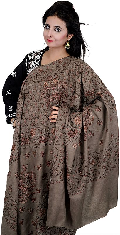 Major-Brown Sozni Tusha Shawl from Kashmir Hand Embroidered Maple Leaves