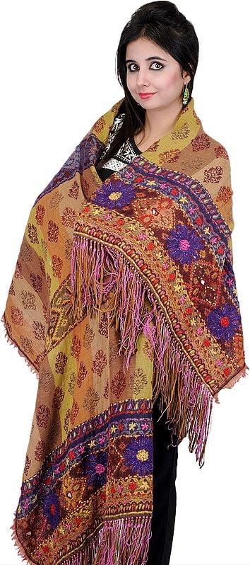 Beige and Lime Reversible Jamawar Stole with Floral Embroidery