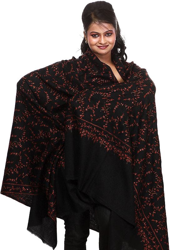 Black Pashmina Shawl from Kashmir with Sozni Hand Embroidered Flowers