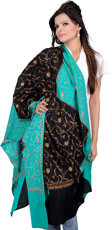 Golf-Green and Black Shawl from Kashmir with Needle Embroidery by Hand