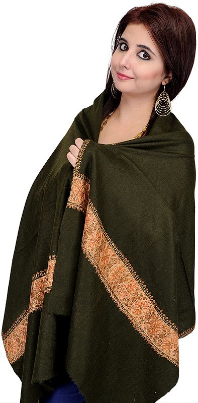 Cypress-Green Tusha Stole from Kashmir with Sozni Embroidered Border