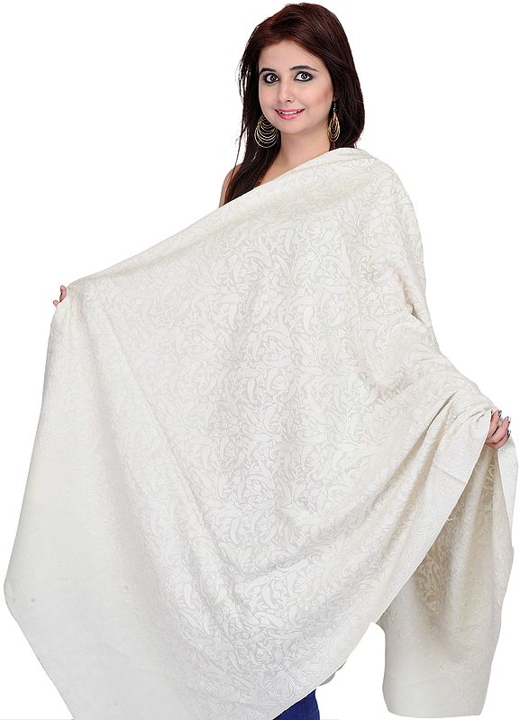 Oyster-White Shawl from Kashmir with Hand Embroidered Paisleys All-Over