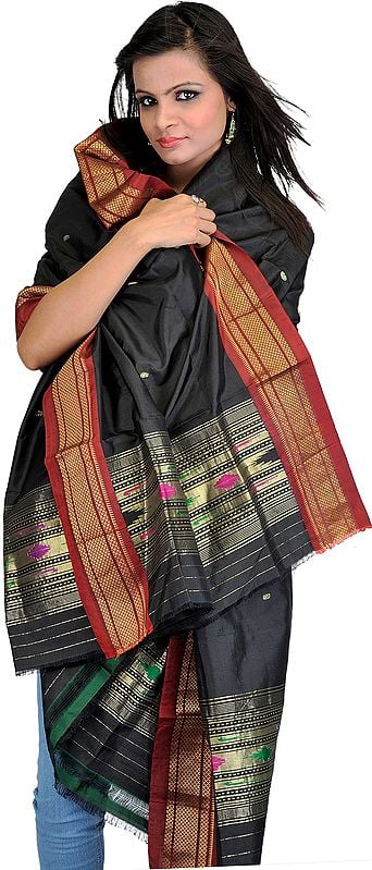 Black Paithani Dupatta with Woven Bootis and Golden Zari Border