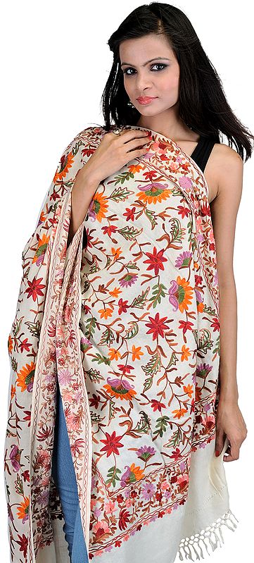 Ivory Stole from Amritsar with Aari Embroidered Flowers