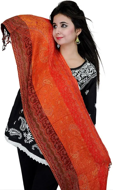 Rust Reversible Jamawar Scarf with Woven Paisleys