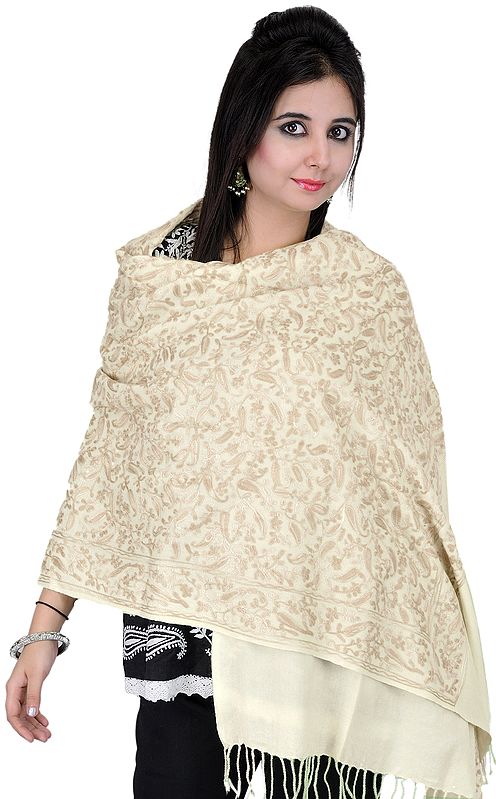 Ivory Stole from Amritsar with Aari Embroidered Paisleys