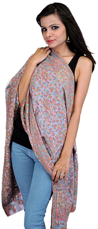 Wisteria-Blue Kani Stole with Woven Paisleys and Flowers in Multi-Color Thread
