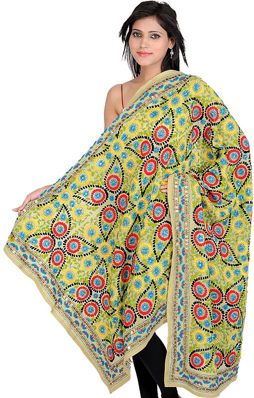 Beige Phulkari Dupatta from Punjab with Sequins and Multi-Colored Embroidery