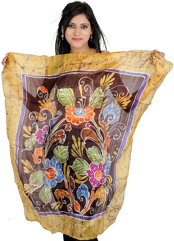 Yellow and Brown Batik Dyed Scarf with Multi-Colored Floral Print