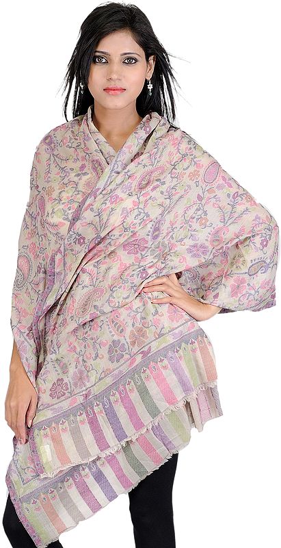 Fine Wool Beige Kani Stole with Woven Flowers in Multi-Colored Thread