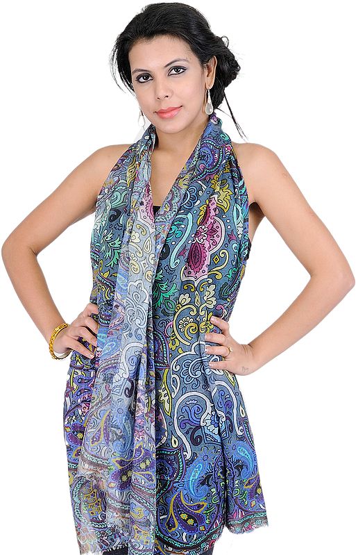 Gray Stole with Multi-Color Arabic Digital Print | Exotic India Art