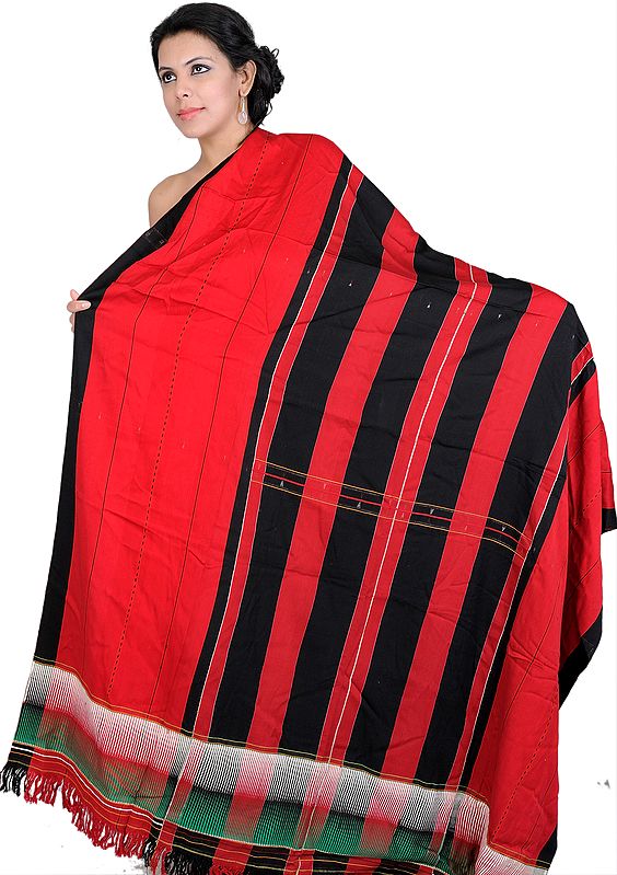 Red and Black Hand-woven Folk Shawl from Nagaland