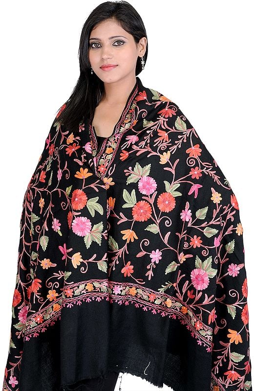 Black Aari Shawl from Kashmir with Aari Embroidered Flowers All-Over