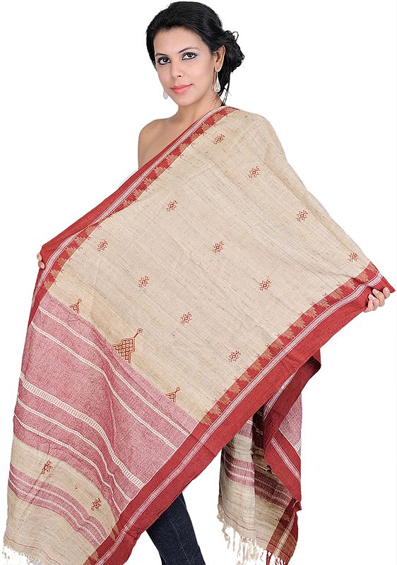 Beige and Rust Hand-woven Kotpad Stole from Orissa