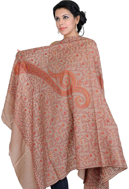 Coriander-Khaki Tusha Shawl with Sozni Embroidered Giant Paisley