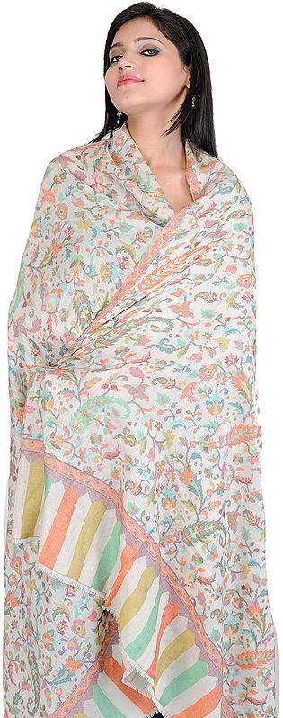 Ivory Fine Wool Kani Shawl with Woven Flowers in Multi-Colored Thread