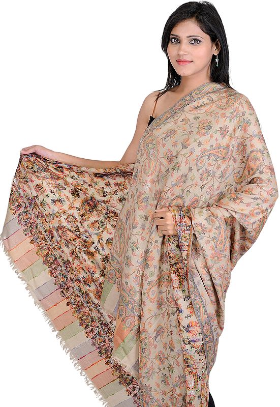 Khaki Kani Shawl with All-Over Woven Flowers in Multi-Color Thread