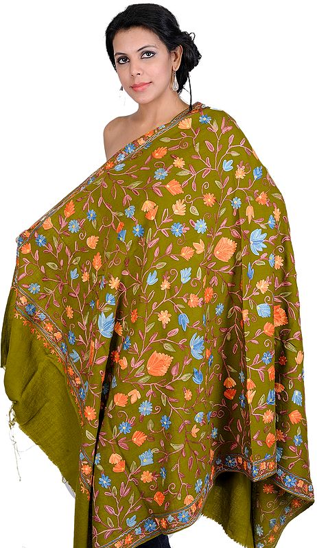 Plantation-Olive Aari Shawl from Kashmir with Aari Embroidered Flowers All-Over