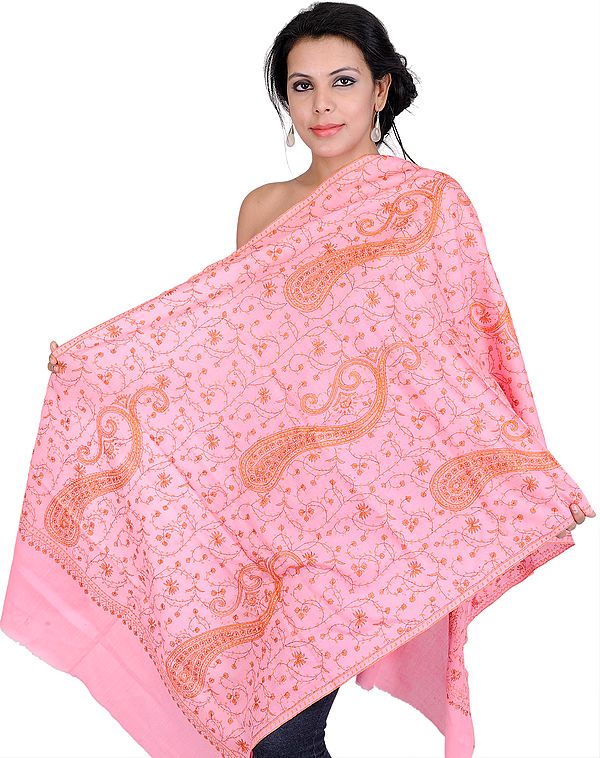 Lantana-Pink Kashmiri Tusha Stole with Sozni Hand Embroidered Paisleys