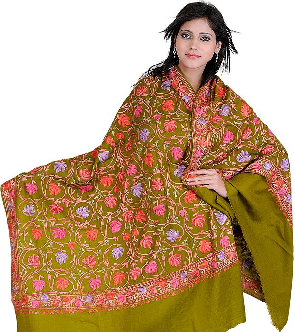 Woodbine-Green Shawl from Kashmir with Aari Embroidered Chinar Leaves