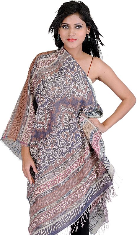 Burlwood Reversible Jamawar Stole with All-Over Thread Weave
