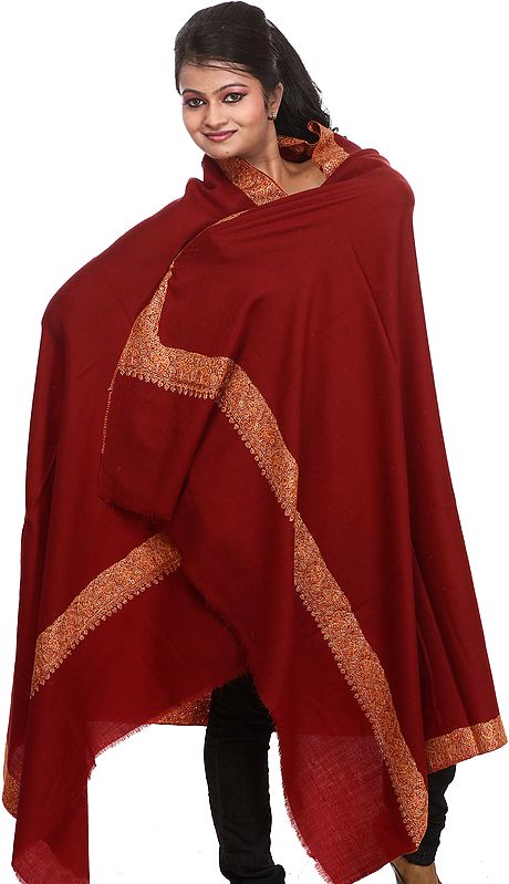 Plain Maroon Shawl from Kashmir with Hand Embroidered Sozni Border