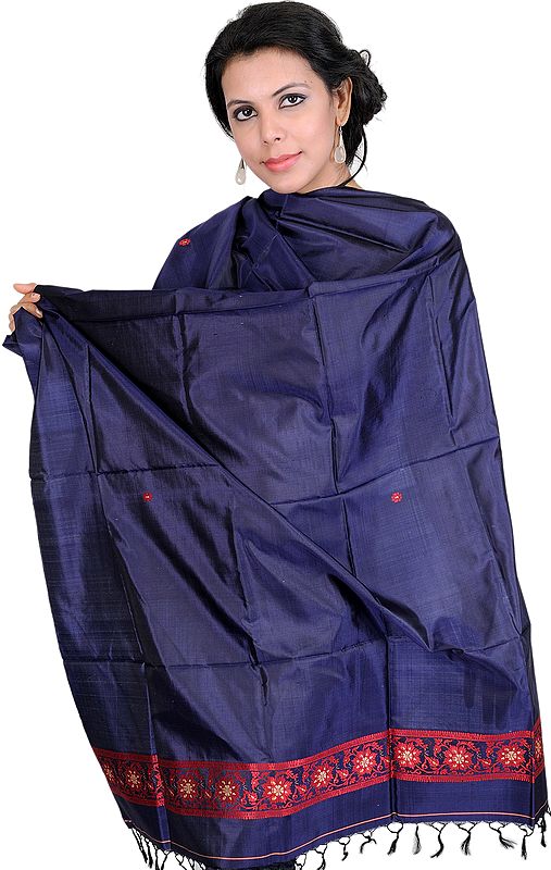 Navy-Blue Plain Shawl from Kolkata with Hand-woven Bootis