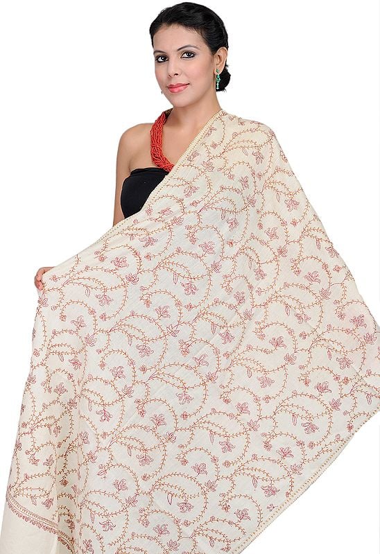 Ivory Stole from Kashmir with Needle Stitch Embroidery by Hand