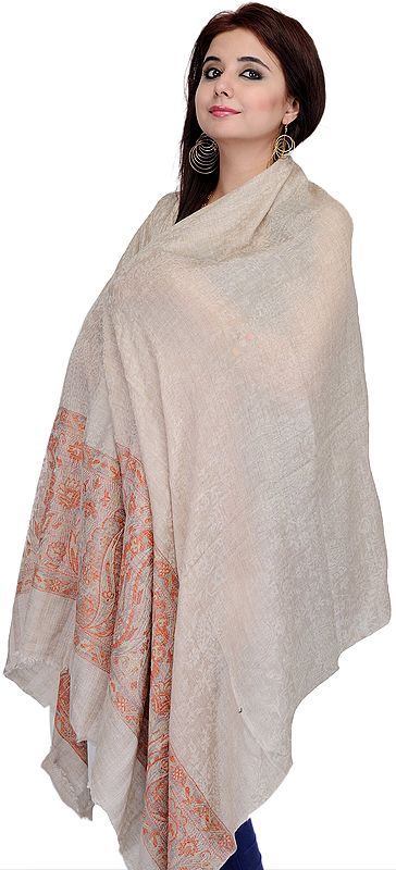 Doeskin Pashmina Shawl from Kashmir with Self Weave and Paisleys Border