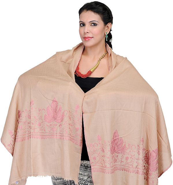 Beige Plain Stole from Kashmir with Hand Embroidered Maple Leaves on Border