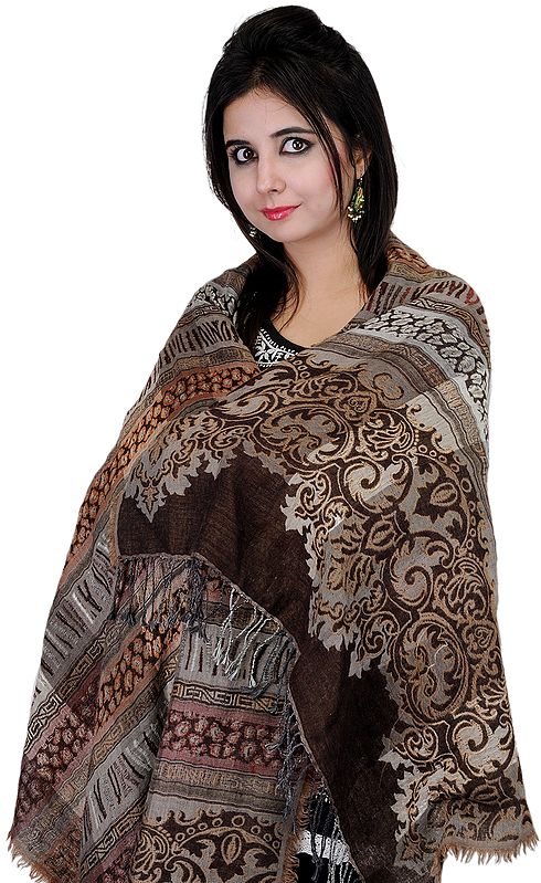 Partridge-Brown and Gray Reversiblke Jamawar Stole with Arabian Weave
