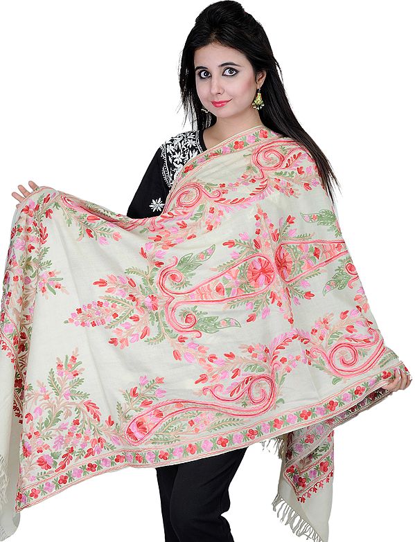 White-Asparagus Stole from Kashmir with Aari Embroidered Flowers