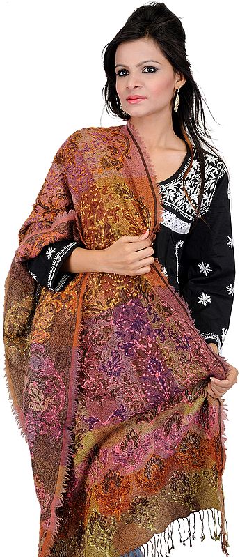 Brown Reversible Jamawar Stole with Floral Embroidery