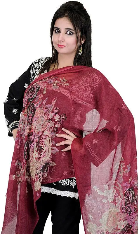 Earth-Red Stole with Large Digital Printed Roses