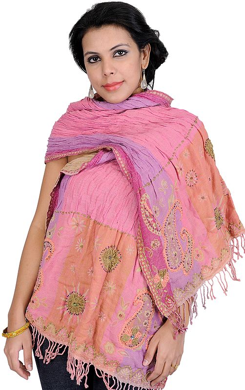Aurora-Pink Printed Jamawar Stole with Embroidered Beads and Sequins