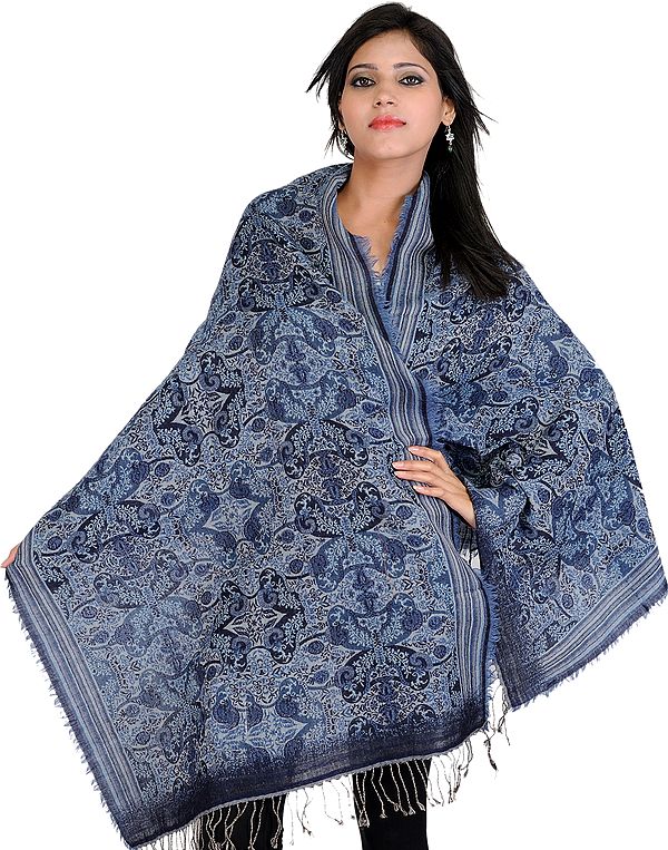 Dusty-Blue Reversible Jamawar Stole with All-Over Thread Weave