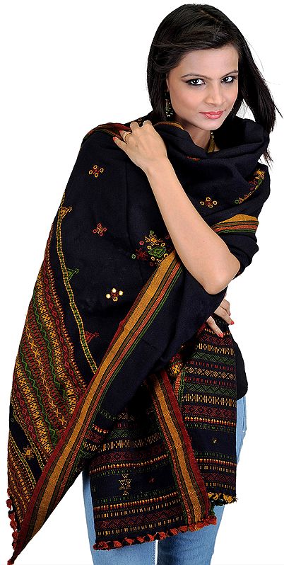 Black Shawl from Kutch with Embroidered Bootis and Mirrors