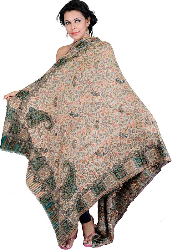 Beige and Green Kani Shawl with Woven Flowers in Multi-Colored Thread