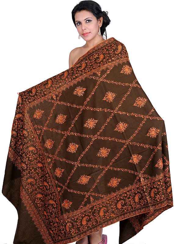 Brunette-Brown Shawl from Kashmir with Sozni Embroidered Paisleys by Hand