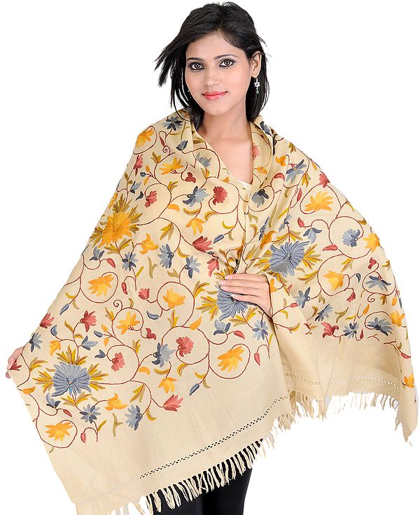 Beige Stole from Kashmir with Hand Embroidered Flowers