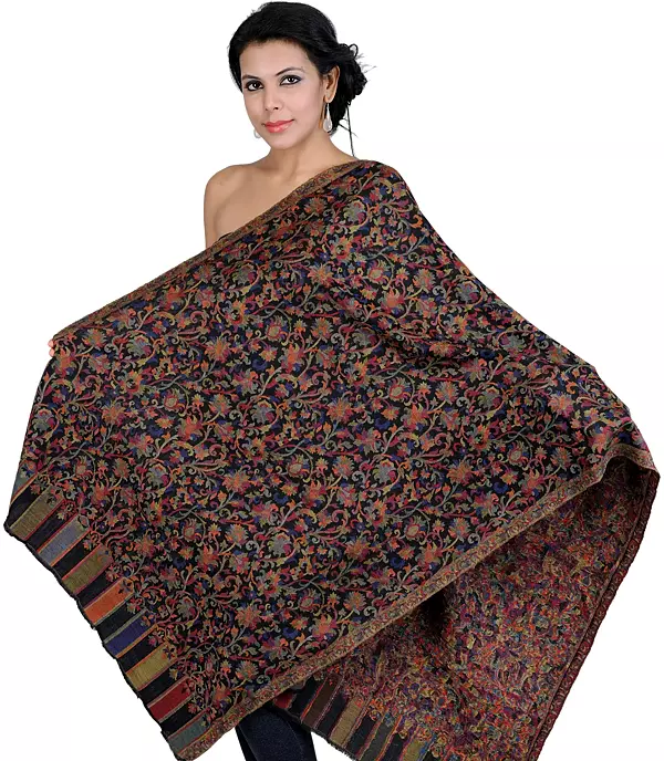 Black Kani Stole with Woven Flowers in Multi-Colored Thread