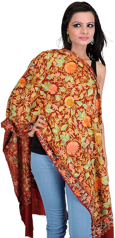 Red Ochre Stole from Kashmir with Aari Embroidered Flowers
