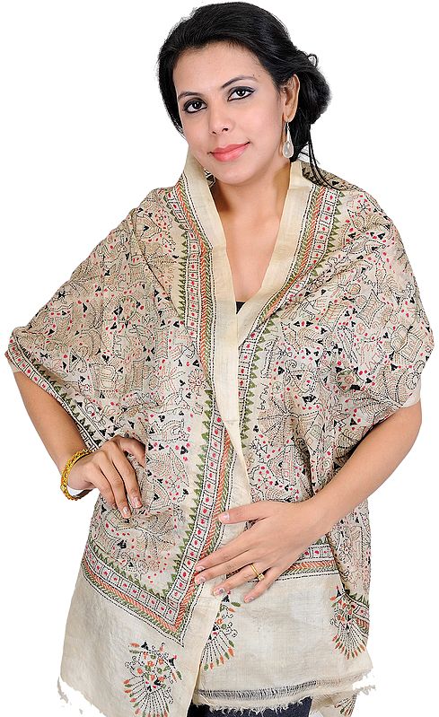 Beige Scarf with Kantha Embroidered Folk Figures Inspired by Warli Art